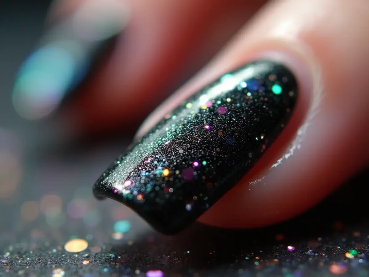 com glitter luxo unha preta decorada