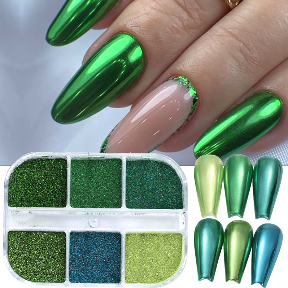 unha gel verde metálico com glitter