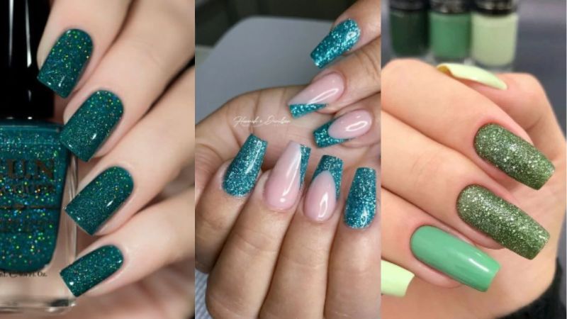 unha gel verde musgo com glitter