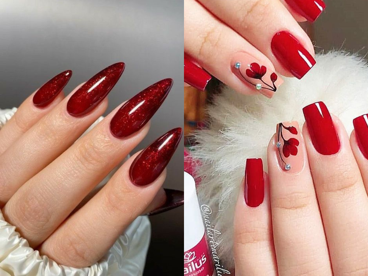 Brilho e Combinações de Cores; Guia Completo de Nail Art Vermelha: Do Clássico ao Ousado; Unhas Vermelhas com Glitter e Pedrarias: Dicas para um Visual Luxuoso; Descubra os Formatos de Unhas Vermelhas Mais Elegantes para Arrasar