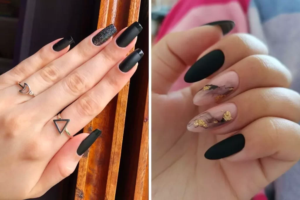 unha almond preta com glitter para festa