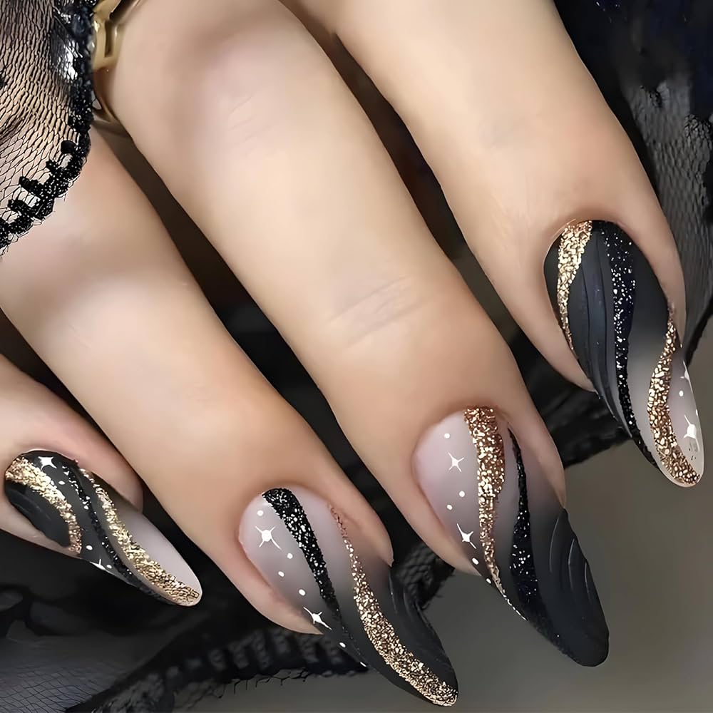 unha almond preta com glitter em gel