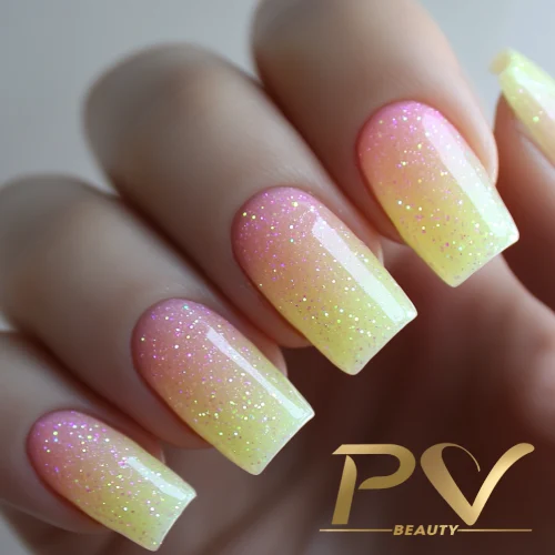 unha amarela com glitter dourado