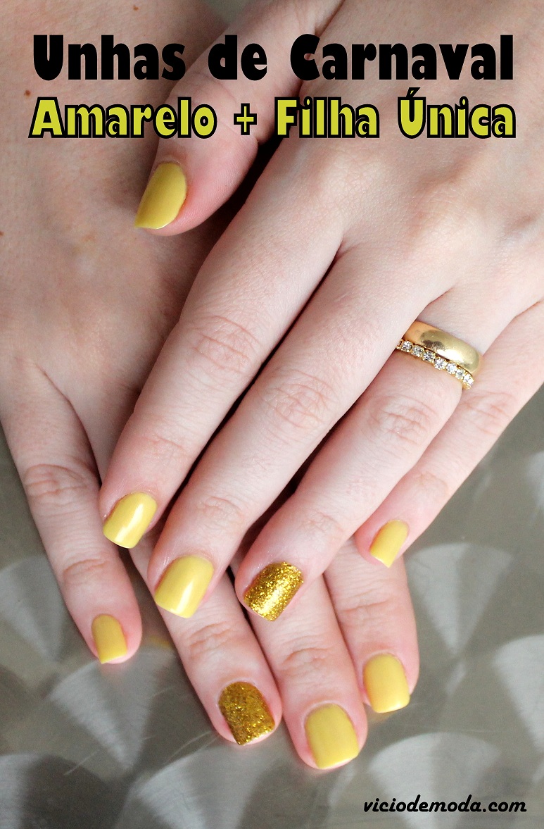unha amarela com glitter em gel