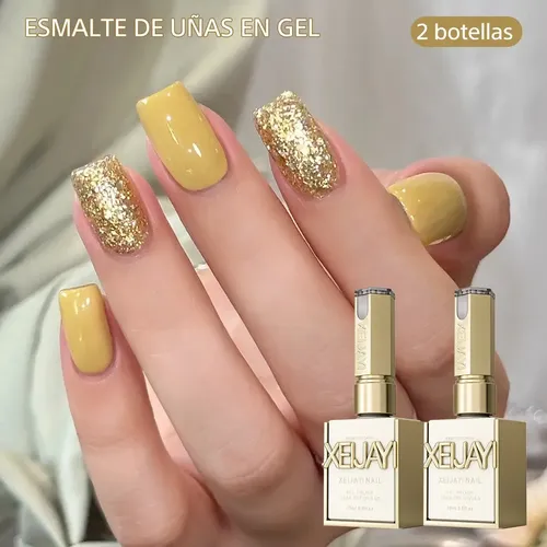 unha amarela com glitter metálico