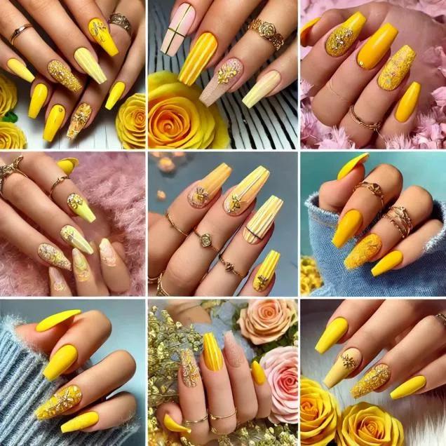 unha amarela com glitter e desenhos