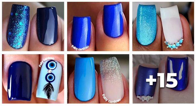 unha azul com glitter e acabamento fosco