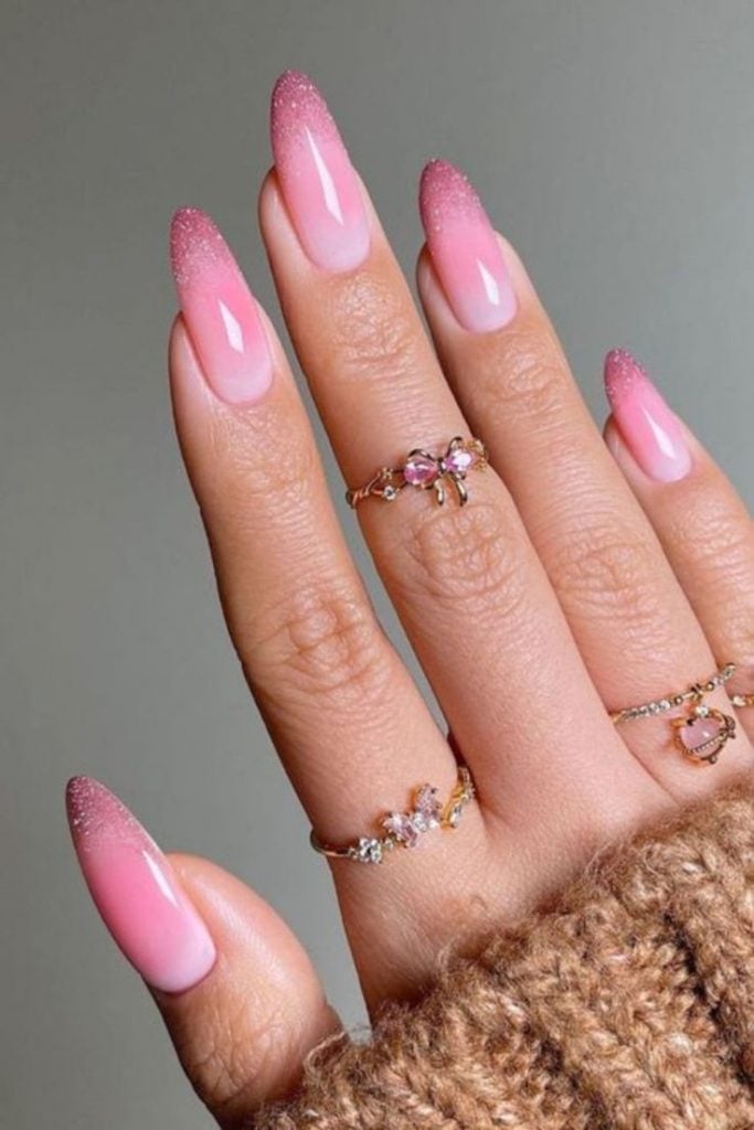 unha baby color rosa com glitter