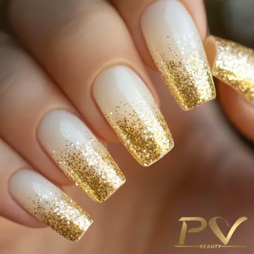 unha branca com glitter dourado