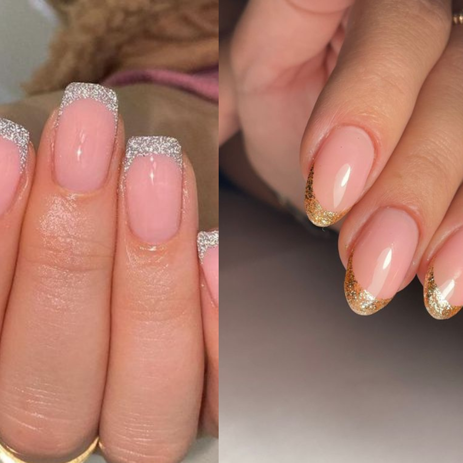 unha branca com francesinha e glitter