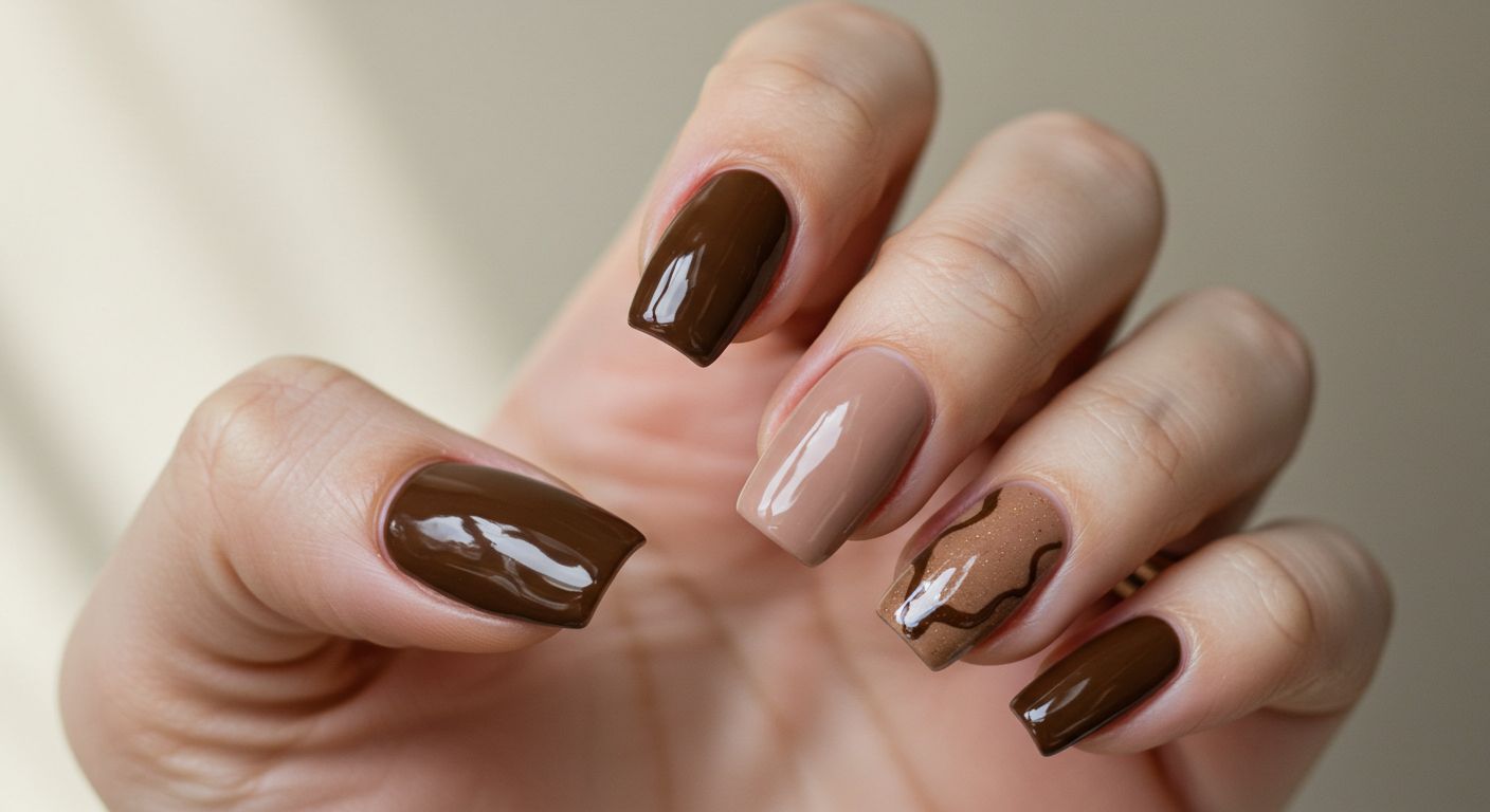 Unhas café com efeito metalizado