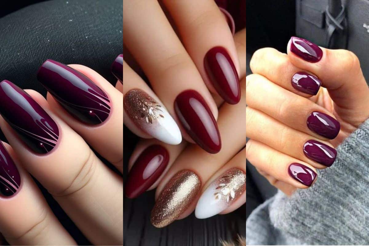 Unhas cor de vinho com dourado