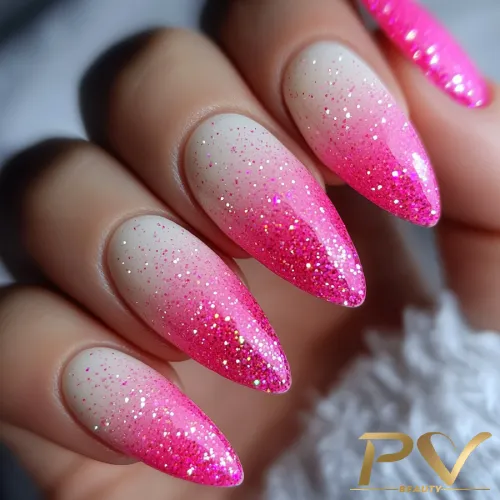unha de gel glitter rosa bebê