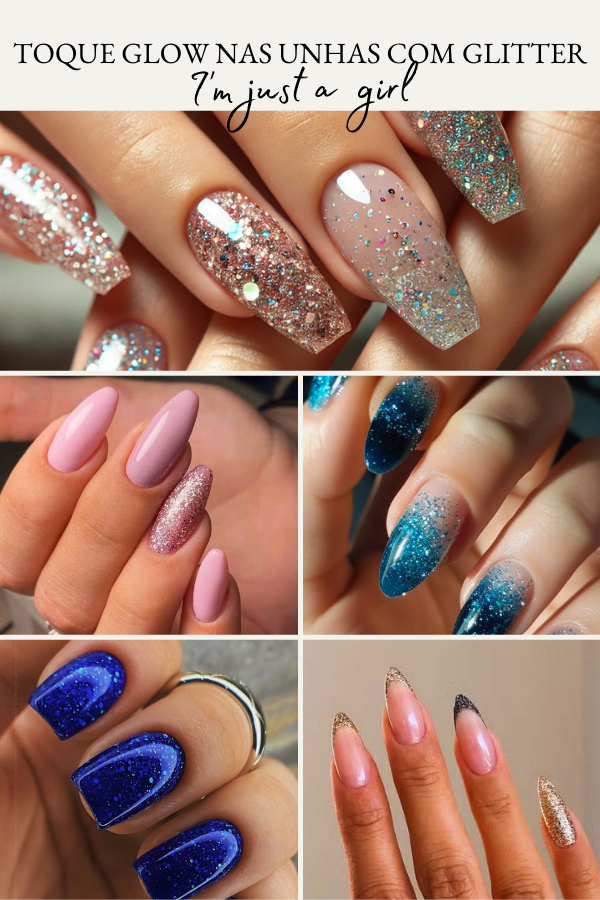 unha de gel decorada glitter rosa e preto