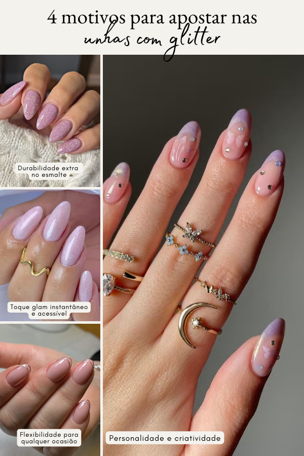 unha de gel rosa com glitter