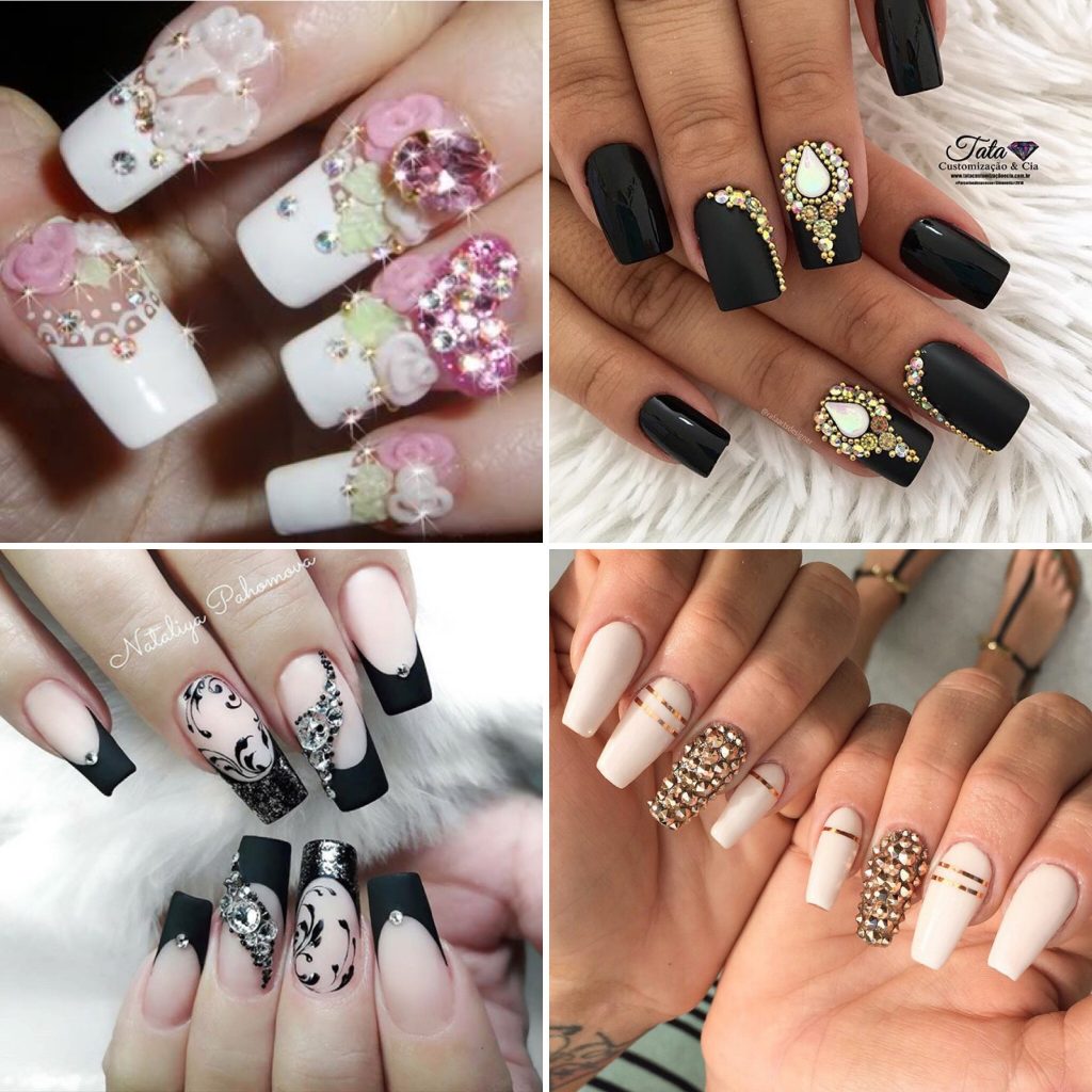 unha decorada com pedrinhas pretas