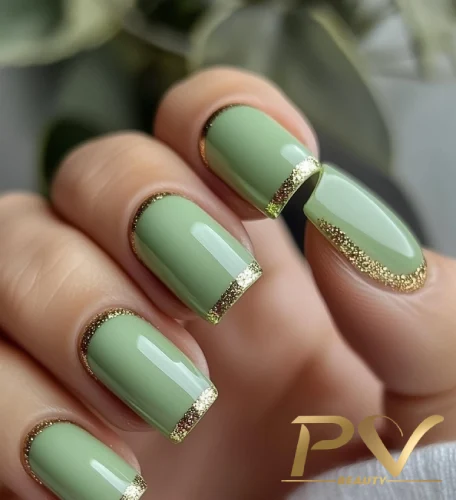 inspiração de unhas decoradas verde militar com dourado