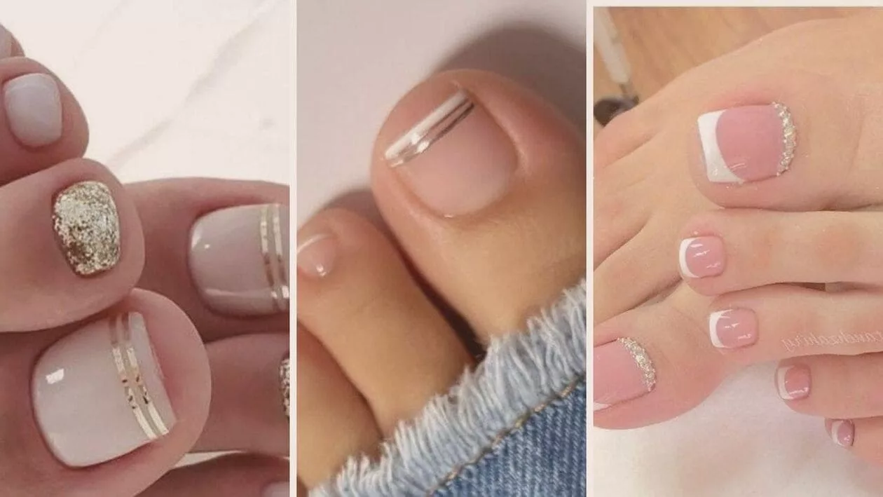 unha do pé com glitter e esmalte nude