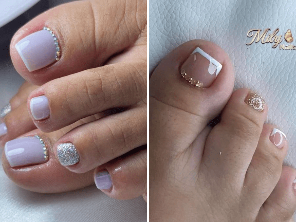 unha do pé francesinha com pedrinha