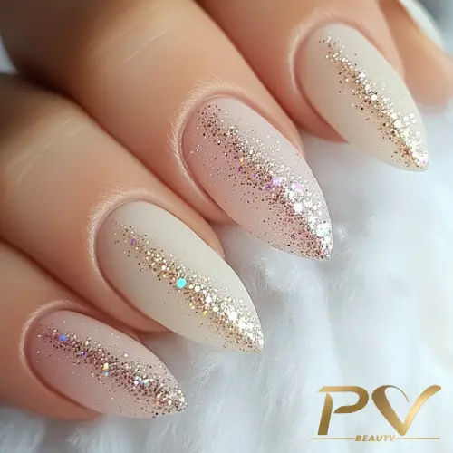 Unhas em gel nude com efeito marmorizado (veios sutis)