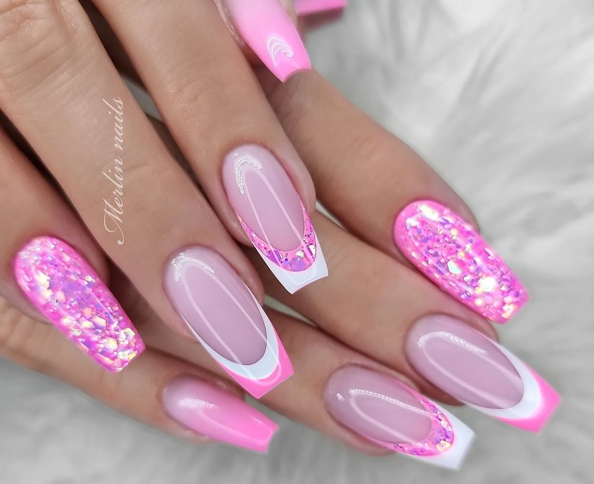unha em gel francesinha pink neon