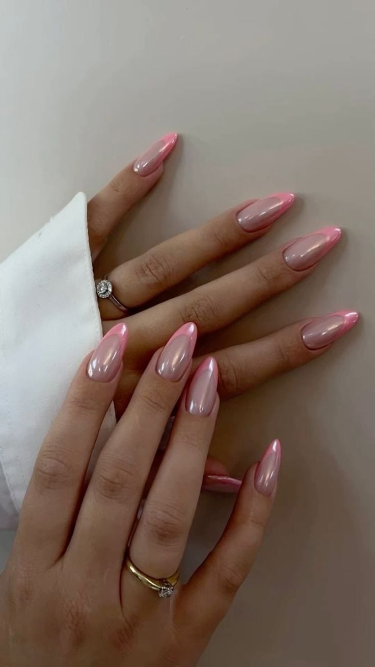 unha em gel francesinha rosa glitter