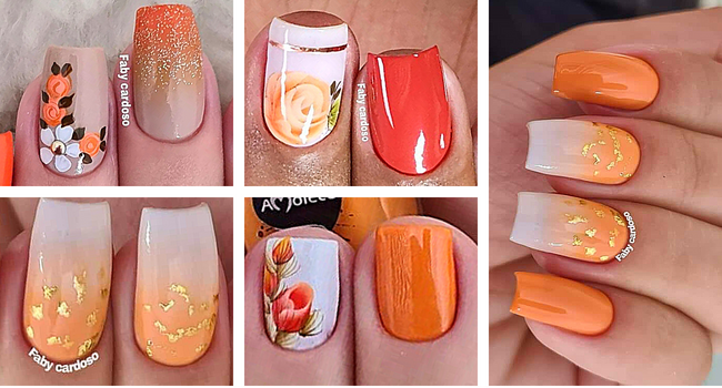 unha em gel laranja e dourado
