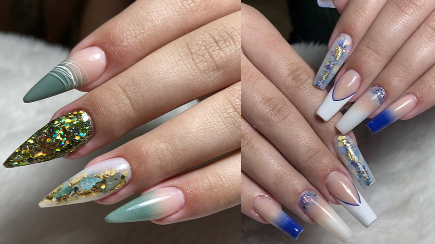 unha em gel redonda decorada com folhas de ouro