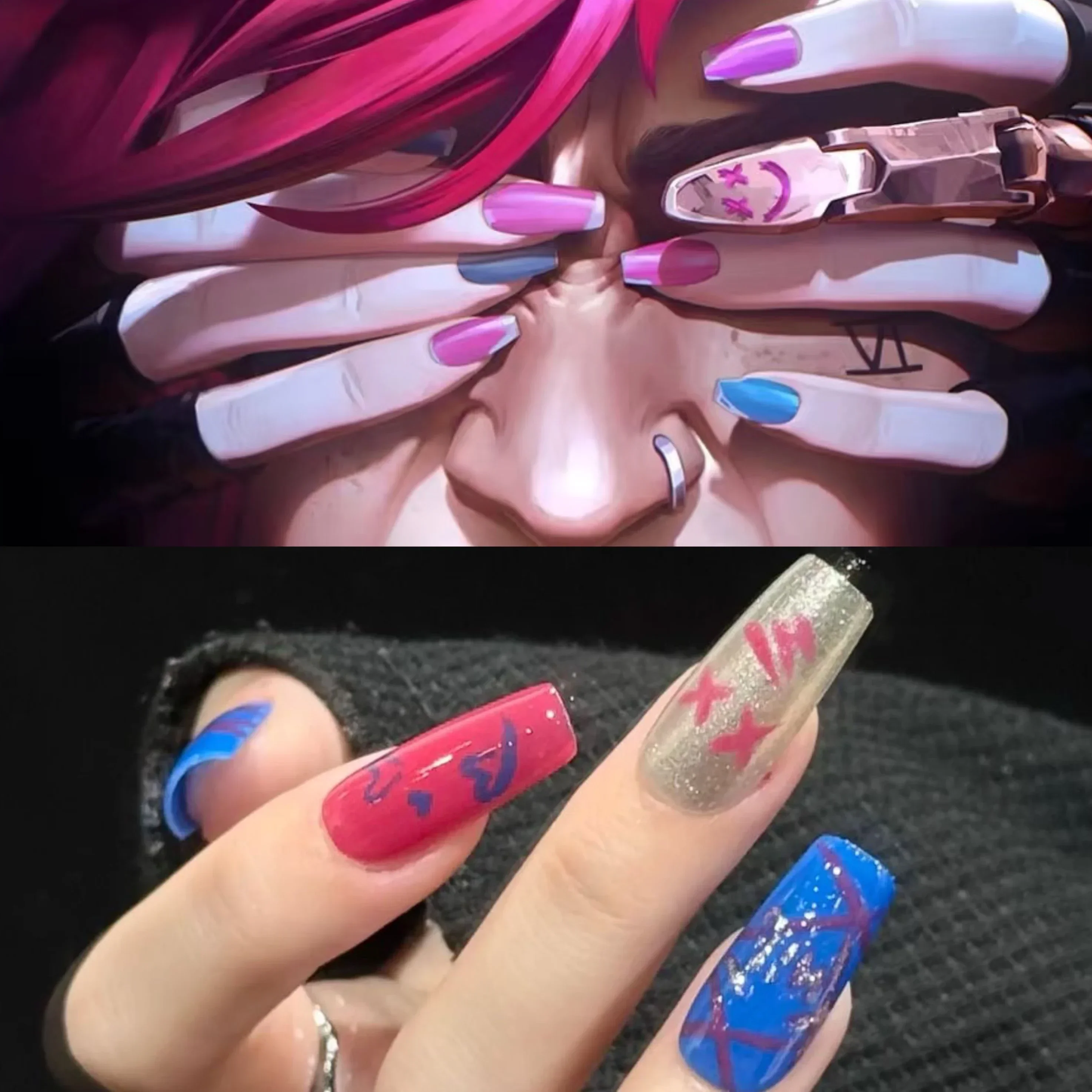 Unhas azul e rosa Jinx