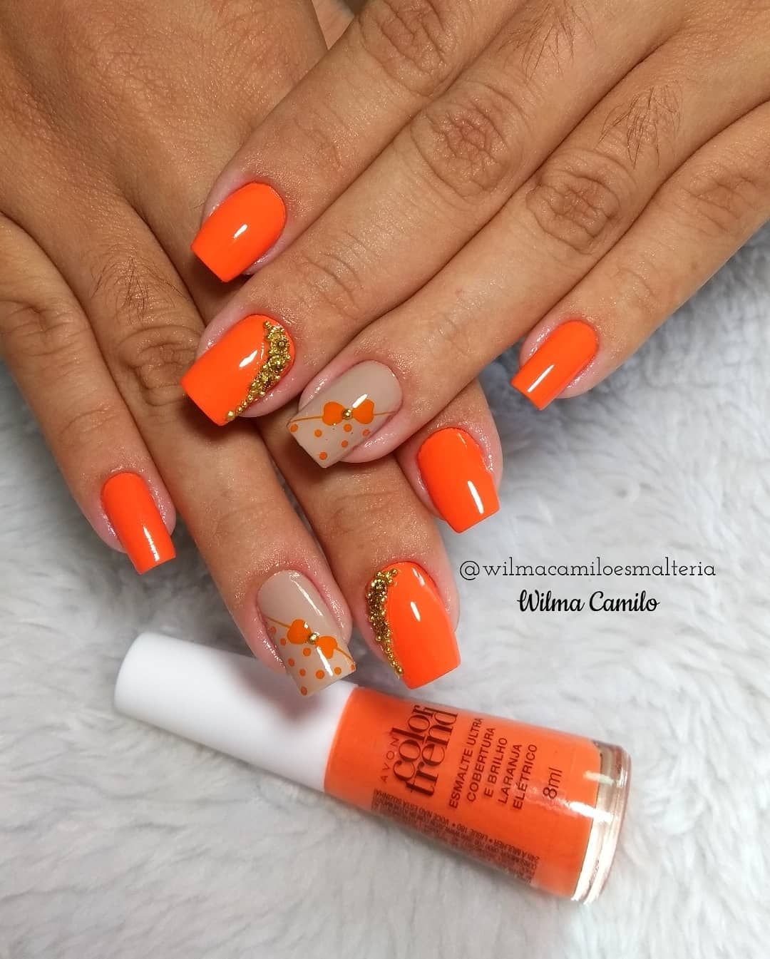 unha laranja com glitter degradê