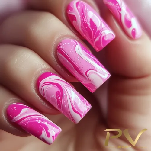 Unha marmorizada pink nude com brilho