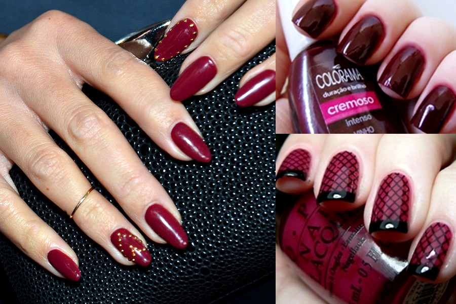 unha marsala com filha única dourada para casamento