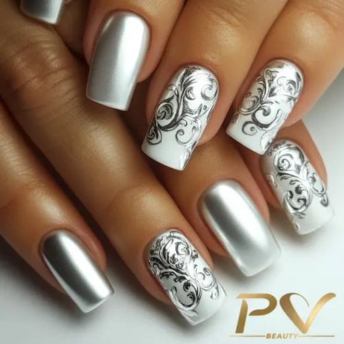 ideias unhas prata com branco para festas
