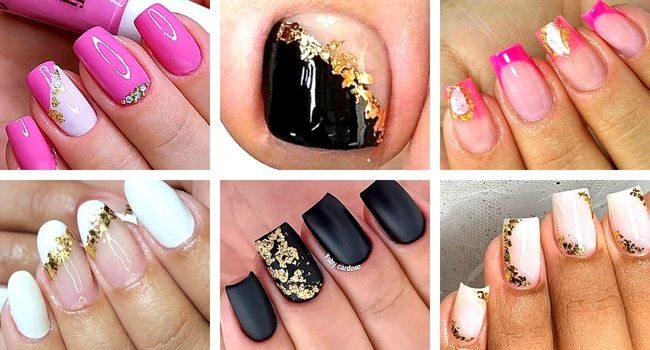 unha preta com folha de ouro para festa