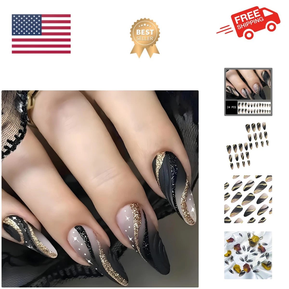 unha preta com folha de ouro simples