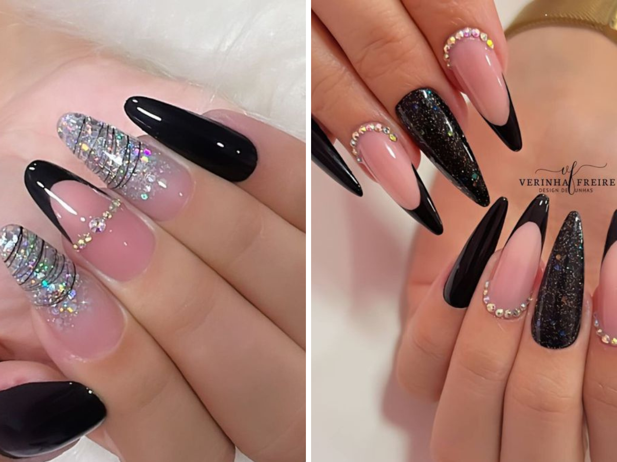 unha preta com glitter rosa e dourado