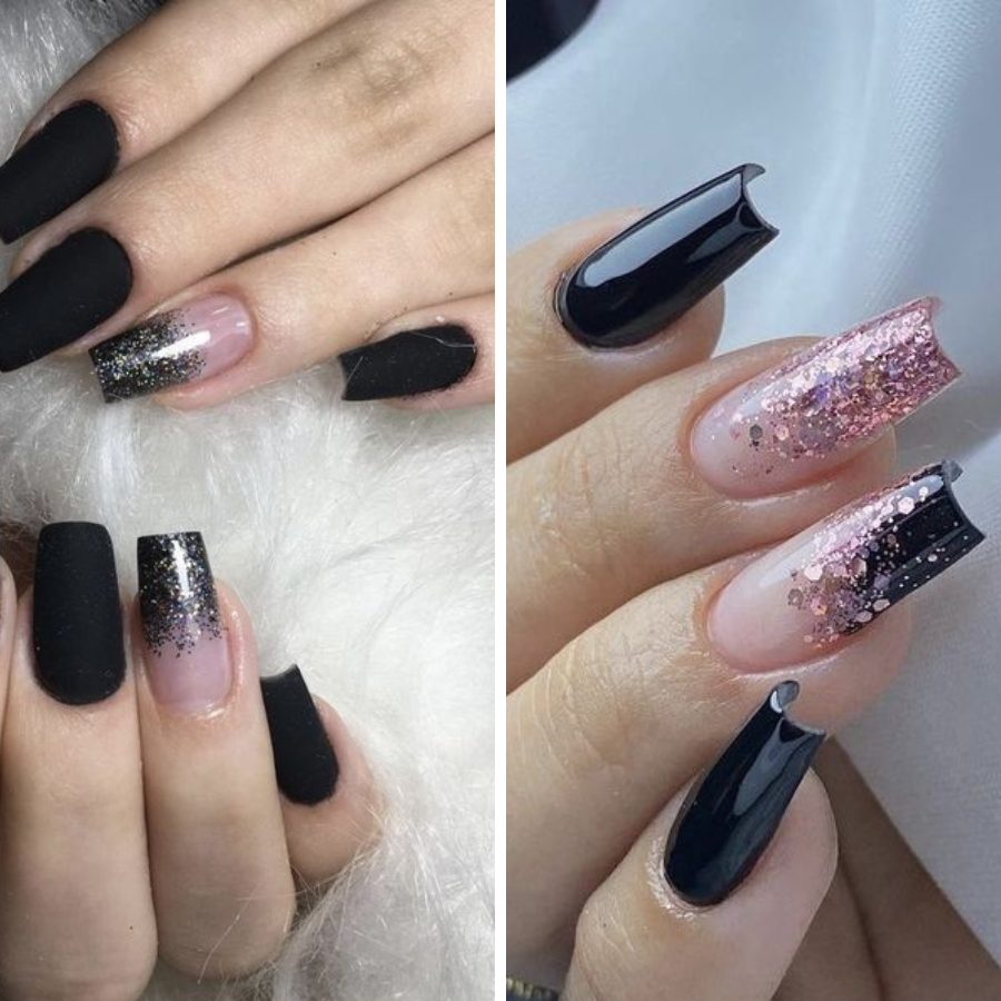 unha preta e branca com glitter