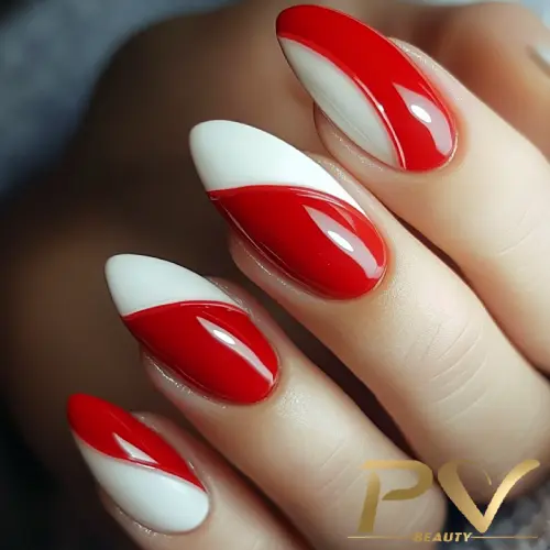 francesinha vermelha ponta dourada unha redonda