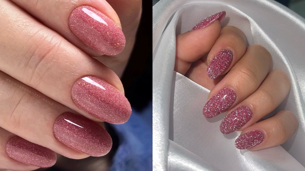 unha rosa com glitter