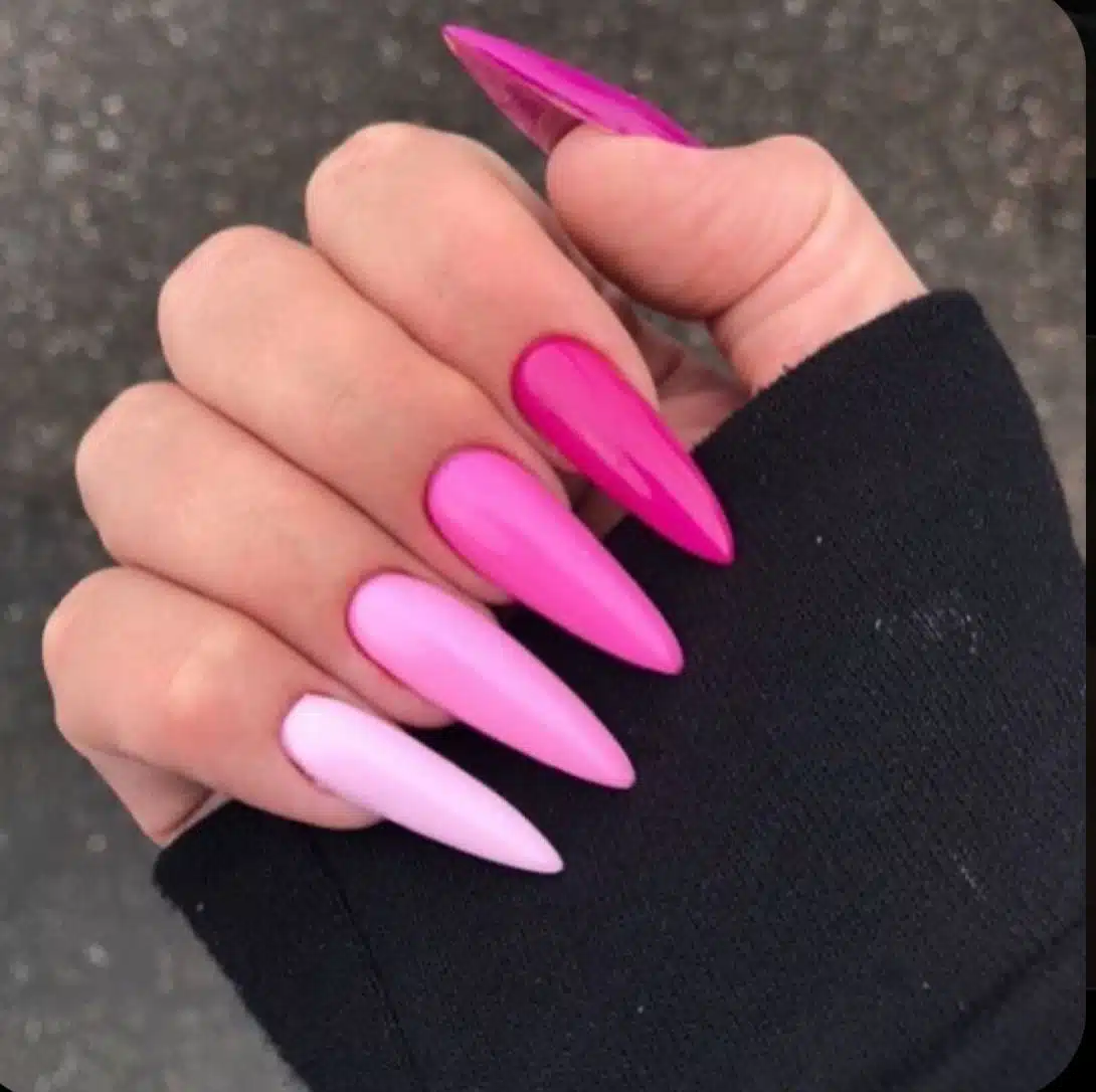 unha stiletto rosa pink com glitter