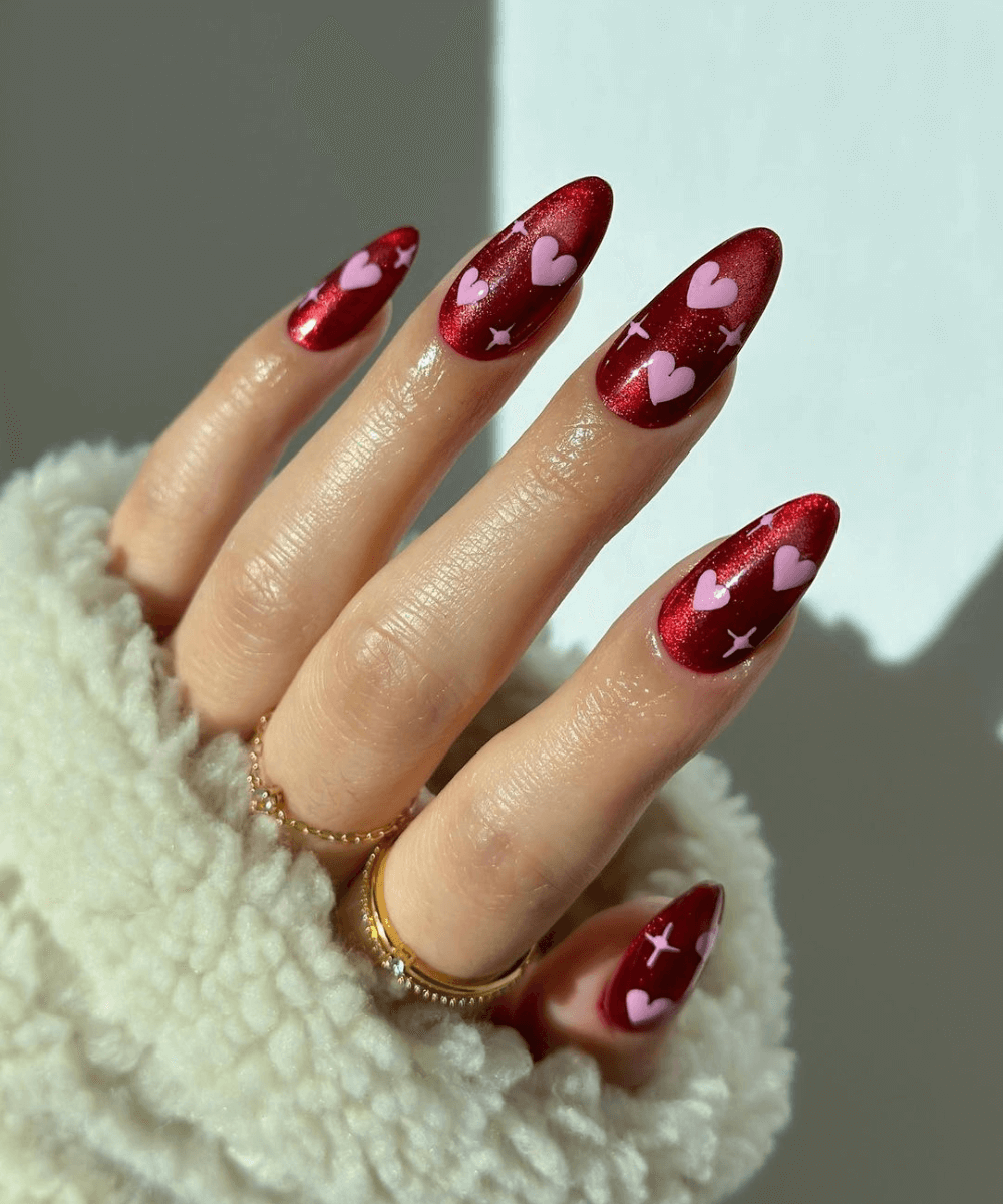 unha stiletto vermelha francesinha glitter