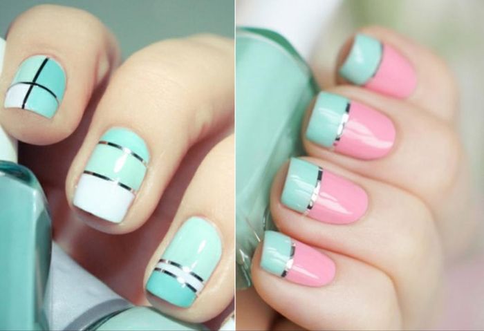 unha verde água com rosa candy colors