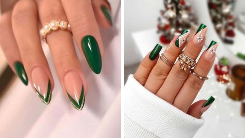 unha verde esmeralda com branco