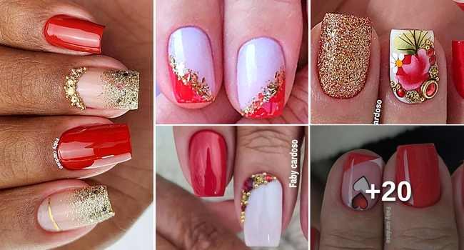 unha vermelha com glitter na ponta acrílica