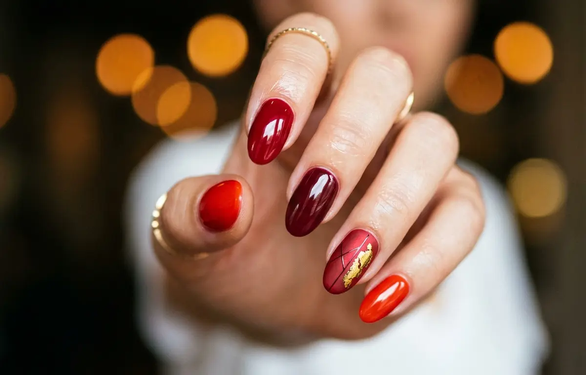unha vermelha de gel com glitter
