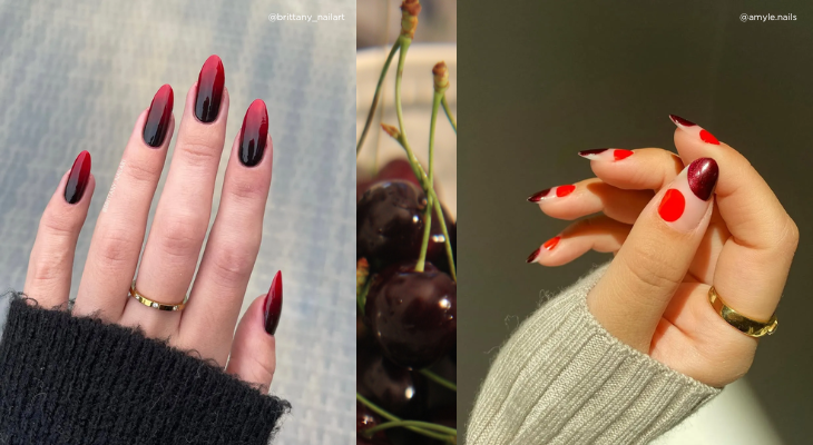 como fazer unhas vermelhas escuras com glitter