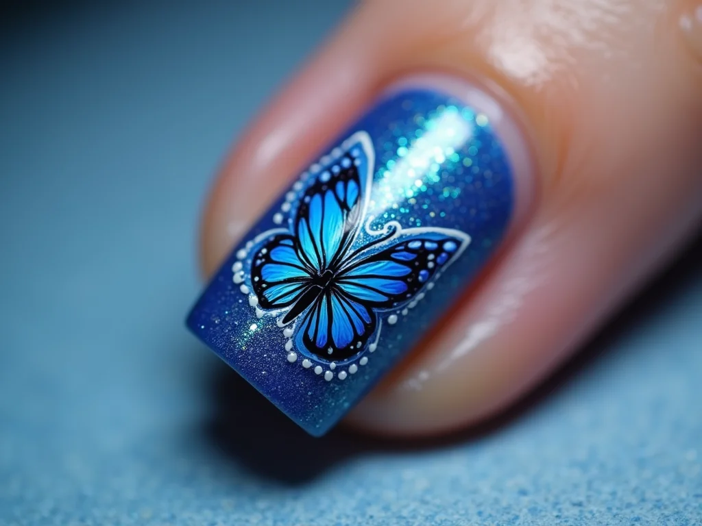 unha azul decorada borboleta