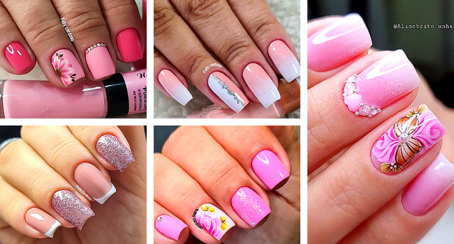 unha rosa bebê decorada