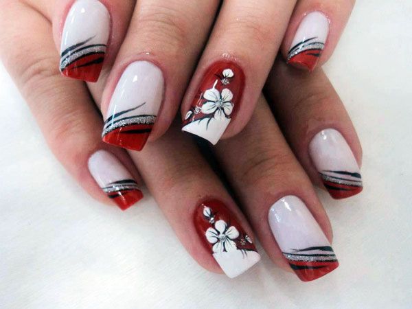 unha decorada vermelho e branco geométrica