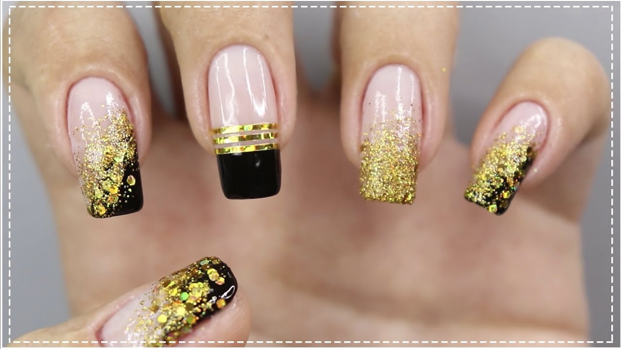 nail art preta e dourada gel